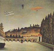 Henri Rousseau View of the Bridge at Sevres and Saint-Cloud with Airplane,Balloon,and Dirigible oil on canvas